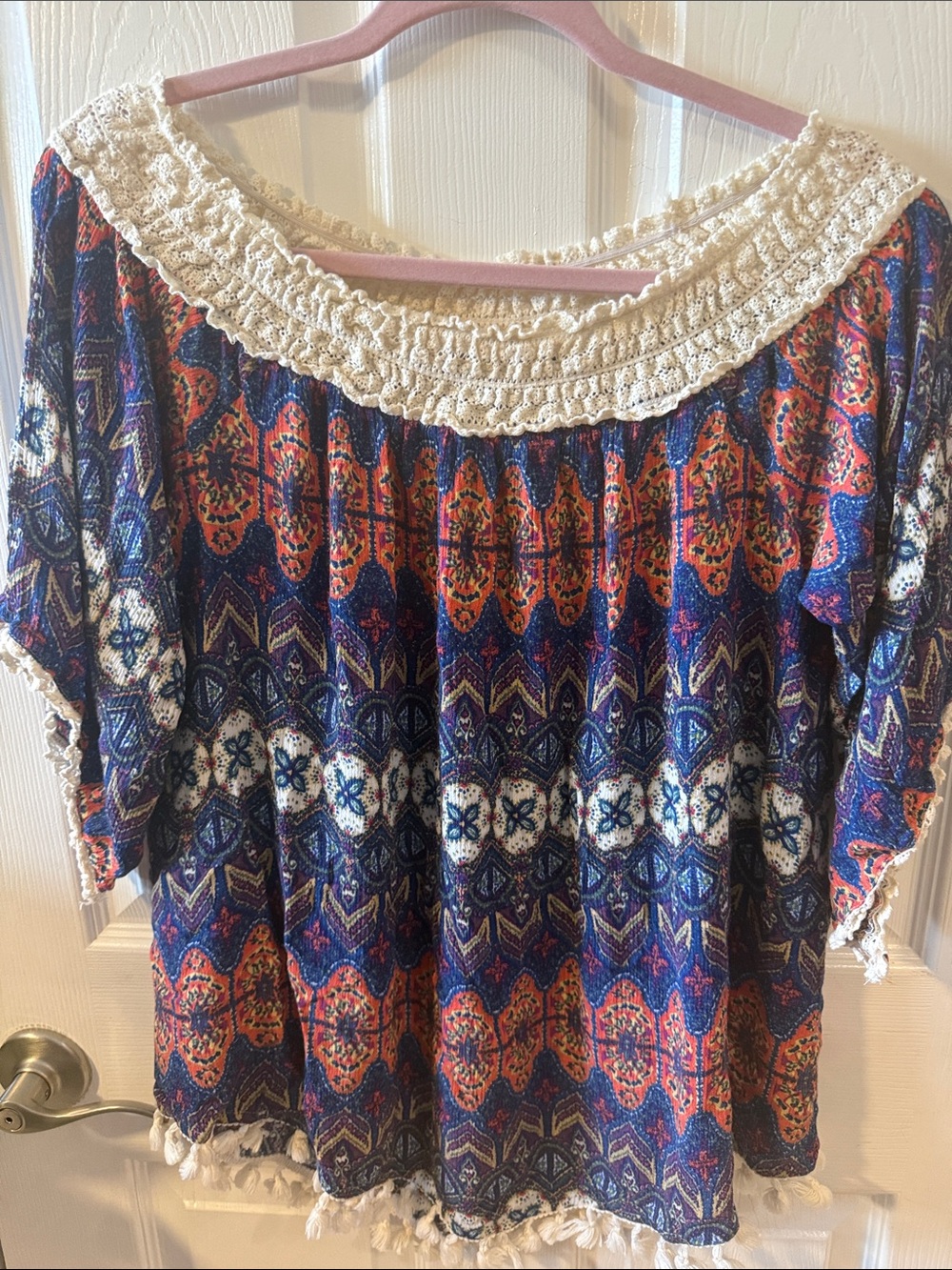 ali miles ~ Boho Crochet-Trim Off-Shoulder Top in Navy and Coral